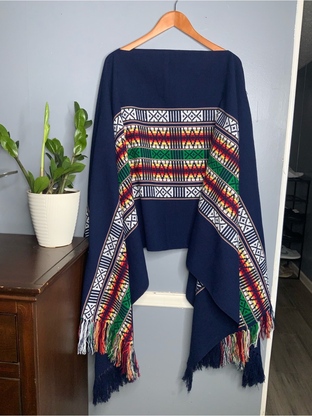 Navy Aztec-Pattern Fringe Poncho - Women's Accessory - Picture 8 of 11
